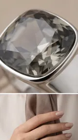 Anillo de plata con cristal cuadrado gris facetado de corte grande.