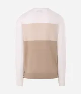 Suéter de corte regular y cuello redondo, confeccionado en viscosa y poliamida con textura de tricot. Presenta diseño de bloques de color en tonos blanco, beige y marrón claro con superficie texturizada.