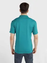 Chomba de piqué de algodón color verde agua, con cuello clásico, tapeta de dos botones y logo bordado en el pecho.