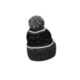 Gorro de lana Nike con pompón en la parte superior, diseño a rayas horizontales en gris y negro, y logo de la marca bordado en negro en el borde inferior.