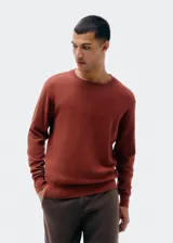 Buzo de punto color terracota/marrón rojizo, de manga larga y cuello redondo, con textura tejida sutil.