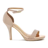 Sandalia de tacón alto Vizzano, color dorado con acabado de glitter, plataforma delantera, tira frontal y tira ajustable al tobillo con hebilla.