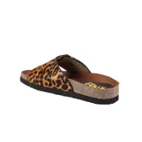Sandalia de cuero con estampado de leopardo, hebilla dorada y suela de corcho.