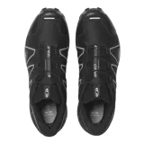 Championes de trail running Salomon Speedcross 3, color blanco marfil con detalles en rosa claro y negro, sistema de cordones Quicklace, suela Contagrip y amortiguación ligera.