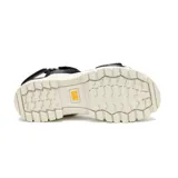 Sandalias Caterpillar modelo Second Chance para mujer, en color negro con suela gruesa track color marfil. Presentan tiras anchas con ajuste de velcro y detalles de la marca en amarillo.