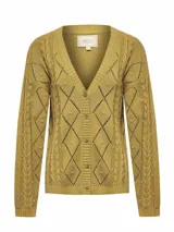 Cardigan de punto color mostaza marca RKF, modelo Nit, confeccionado con mezcla de algodón y lino orgánico. Presenta cuello en V, cierre frontal de botones y diseño con rombos ajardinados y mangas largas.