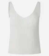 Blusa sin mangas de punto acanalado color crema, con escote en V y espalda descubierta. Confeccionada en una mezcla de viscosa y poliamida, presenta un ajuste al cuerpo y textura vertical en relieve.