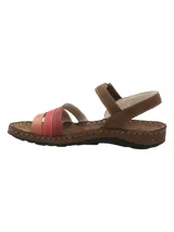 Sandalia de cuero modelo Parklands de RKF, con tiras delanteras en tonos rojo, rosado y salmón, y estructura principal en color marrón. Posee cierre con tira ajustable en el talón y suela con efecto corcho y base de goma.