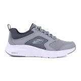 Championes Skechers Elite-Sport Vapor Foam Lasting Moment, color gris con detalles en negro y celeste. Capellada de malla con superposiciones sintéticas, cordones, plantilla Air-Cooled Memory Foam y entresuela Vapor Foam.