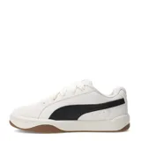 Championes urbanos Puma modelo Park Lifestyle Easy Sd, color beige con detalles en negro. Presentan un diseño de corte bajo con capellada de gamuza, cordones anchos y suela de goma con base color caramelo.