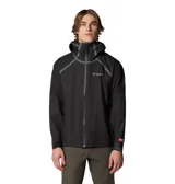 Campera impermeable Columbia con tecnología OutDry Extreme, de color negro con detalles en gris. Presenta capucha ajustable, cierre frontal con cremallera revestida, ventilación en las axilas y puños ajustables.