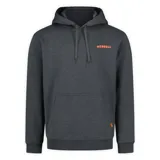 Buzo con capucha y bolsillo tipo canguro, color gris oscuro, con logo de la marca Merrell estampado en color naranja en el pecho.