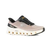 Championes deportivos Skechers Hands Free Slip-ins Arch Fit Glide-Step Pro, color beige con detalles en negro y naranja. Diseñados con sistema Heel Pillow, capellada de knit de jacquard, cordones elásticos, plantilla extraíble Arch Fit, tecnología Air-Cooled Memory Foam y media suela geométrica Glide-Step con amortiguación. Fabricados con materiales veganos.