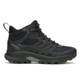 Bota de trekking Merrell modelo Speed Strike 2 Mid Waterproof, color negro. Presenta un diseño atlético con membrana impermeable, parte superior de malla y cuero sintético, cuello acolchado, entresuela de espuma EVA para mayor estabilidad y suela de goma con tracción duradera.