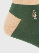 Medias cortas Hush Puppies color verde con detalles en beige en el talón, puntera y puño. Presenta el logo bordado del perro característico de la marca en el lateral.