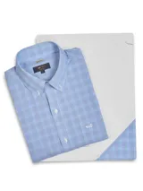 Camisa de manga larga RKF en tonos celestes y verdes con patrón de cuadros, cuello con botones y bolsillo frontal con logo bordado.