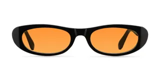 Lentes de sol con montura ovalada negra y lentes color naranja.