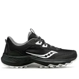 Championes Saucony Aura TR negros con detalles en blanco y gris, ideales para trail running.