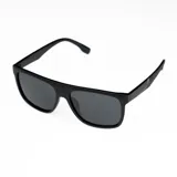 Lentes de sol polarizados negros con marco rectangular y detalle de líneas rojas en las patillas.