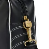 Bolso tipo maletín Adidas Airliner, color negro con ribetes blancos. Presenta doble asa de mano, correa ajustable extraíble, cierre principal con cremallera y detalle de logo metálico dorado en el frente.
