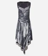 Vestido midi ajustado de tul con estampa abstracta, escote redondo, diseño drapeado y bajo asimétrico con puntas.