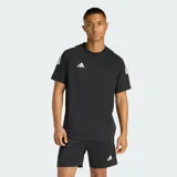 Remera deportiva Adidas de cuello redondo y manga corta, color negro con detalles en blanco en los hombros. Confeccionada con tecnología Climacool para gestión del sudor.