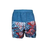 Short de baño azul con cintura elástica y estampado de flores y diseños geométricos en blanco y rojo.