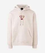 Buzo con capucha de corte boxy, color beige, con bolsillo canguro frontal y estampa bordada de Bob Esponja y Patricio en el pecho. Presenta puños y cintura acanalados, y cordones ajustables en la capucha.