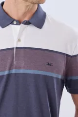 Remera polo de manga corta con diseño de franjas horizontales en tonos azul, beige, marrón y celeste. Cuenta con cuello camisero, cierre frontal de dos botones y pequeño logo bordado en el pecho.