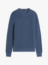 Sweater Tommy Hilfiger de punto texturizado color azul, de corte regular con cuello redondo, puños y bajo de canalé. Cuenta con el logo bordado en el pecho.