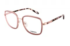 Armazón para anteojos Lancel, de forma cuadrada, color rosa con detalles dorados y patillas con estampado carey.