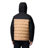 Campera técnica con capucha, diseño bicolor en negro y beige. Cuenta con cierre frontal completo, bolsillos laterales con cremallera y tecnología de aislamiento térmico. Presenta construcción sellada sin costuras y logo de la marca estampado en el pecho.
