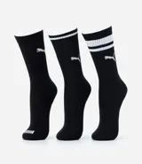 Kit de tres pares de medias deportivas Puma de caña larga, color blanco con detalles en negro. Incluye logo de la marca y diseño con rayas en la parte superior.
