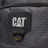 Mochila Caterpillar modelo Bernard Backpack, color negro con patrón geométrico, múltiples compartimentos con cierre, bolsillos laterales de red y mini bolsa desmontable en un lateral.