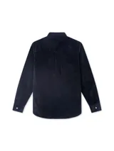 Sobrecamisa de pana azul marino con cuello clásico, cierre frontal con botones a presión y bolsillo de parche en el pecho izquierdo.