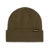 Gorro de lana tejido en color verde oliva, con diseño de puño enrollado y etiqueta con el logo de la marca en la parte frontal.