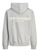 Canguro gris melange con capucha, mangas largas y bolsillo tipo canguro. Estampado en la espalda con la inscripción "Oakwood Nine Zero 90291 LA County".