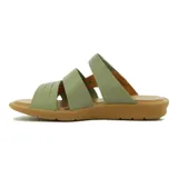 Sandalia de cuero para mujer, con diseño de tiras cruzadas en tonos marrones y beige, suela baja y ajuste con velcro en el empeine.