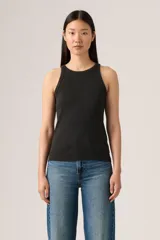Musculosa negra de algodón con cuello redondo y sisas anchas.