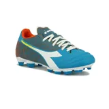 Championes de fútbol Diadora modelo Brasil Elite Veloce, para hombre. Diseño en azul con detalles en blanco, naranja y amarillo.