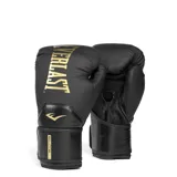 Guantes de boxeo Everlast Elite unisex, color negro con detalles dorados y logo de la marca.