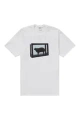 Remera blanca de manga corta con estampado gráfico central que muestra una oveja dentro de una vitrina de cristal.