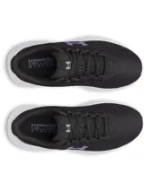 Championes de running Under Armour Phade RN 3 para mujer, con capellada de malla transpirable negra, entresuela blanca de amortiguación EVA, suela de goma y detalles en color lila en el logo lateral y el talón.