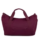 Bolso deportivo tipo duffel de la marca Jansport, color bordó, con doble asa de mano y correa ajustable para hombro. Cuenta con cierre principal, bolsillo frontal con cierre y logo de la marca aplicado.