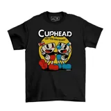 Remera negra de manga corta con estampa frontal de los personajes Cuphead y Mugman sobre un círculo amarillo, acompañada por el logo del videojuego y la frase 'Don't deal with the devil'.