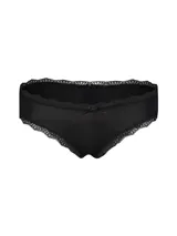 Bombacha tipo vedetina color negro, con terminaciones de encaje en la cintura y en los bordes de las piernas. Presenta un pequeño lazo de adorno en el centro frontal.