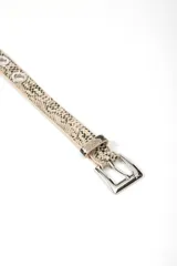 Cinturón con hebilla metálica plateada y estampado de piel de serpiente.