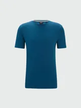 Remera de algodón de corte regular, color gris oscuro, con cuello redondo y logo de la marca bordado discretamente en el pecho.