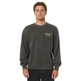 Buzo negro de cuello redondo con efecto desgastado, mangas largas, puños y dobladillo acanalados. Presenta un pequeño estampado gráfico en el pecho con texto en tonos blanco y amarillo.