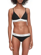 Bralette triangular negro de algodón modal con tirantes finos ajustables y banda elástica blanca con logo de Calvin Klein.